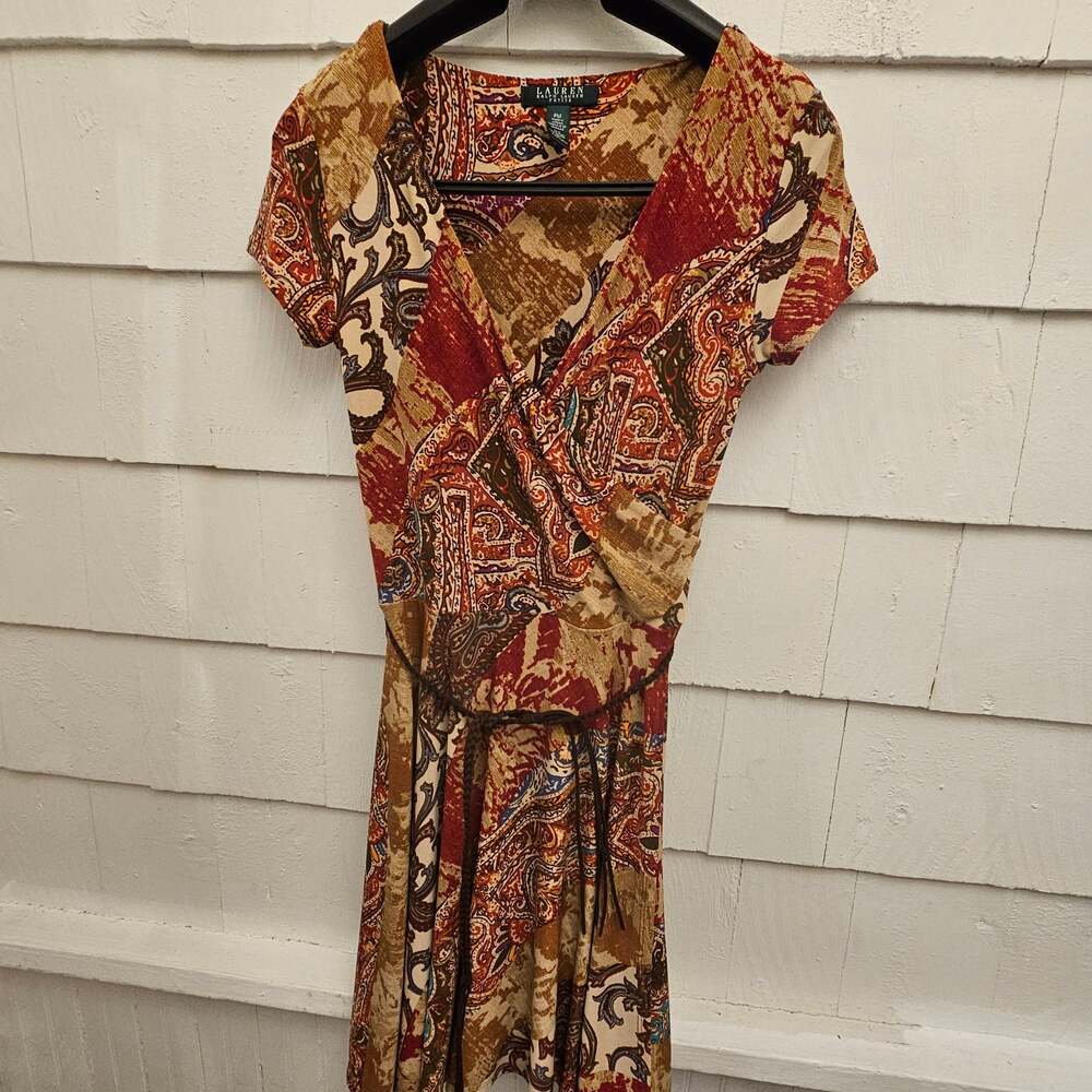Lauren Ralph Lauren Paisley Faux Wrap Belted Dress Petite Medium - Picture 1 of 6